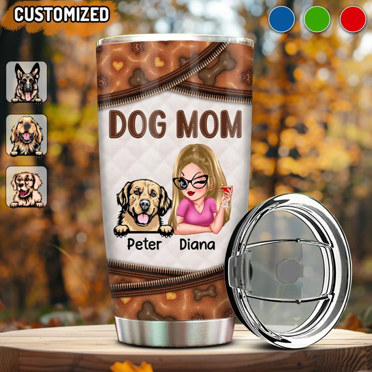 Leder schöne Hund Mom personalisierten Namen Multicolor Tumbler – Perfekt für Hundeliebhaber