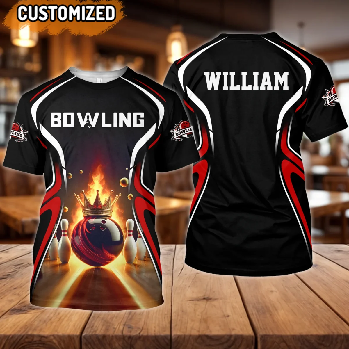Bowling Hemd Schwarz – Personalisierbares 3D T-Shirt für Damen und Herren