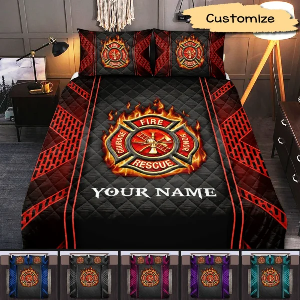 Personalisierte Feuerwehrmann Steppdecke Bettwäsche Set, personalisiertes Geschenk für Feuerwehrleute Personalized Firefighter Quilt Bedding Set, Personalized Gift For Firefighters MK.jpg