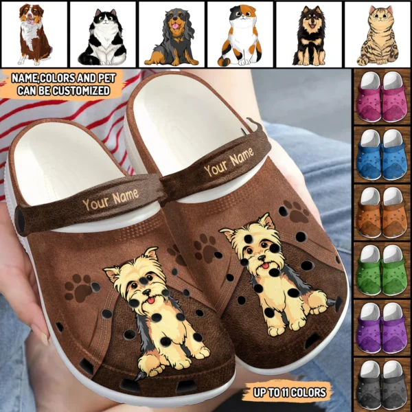 Personalisierte Hund Katze Leder Muster Clogs, Geschenk für Tierliebhaber Personalized Dog Cat Multicolor Leather Pattern Crocs, Gift For Pet Lovers Mockup Run Ad.jpg