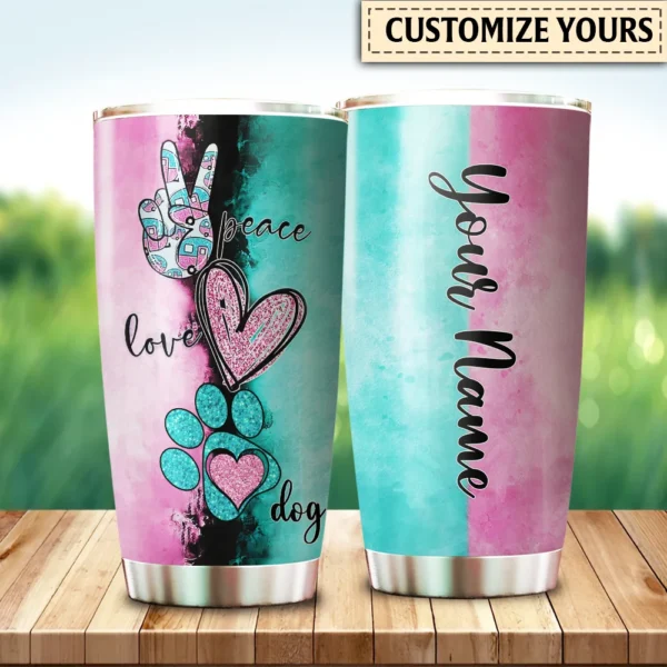 Peace Love Dog Pink Cyan Personalisierter Becher, Geschenk für Hundeliebhaber Peace Love Dog Pink Cyan Personalized Tumbler, Gift For Dog Lovers MK.jpg