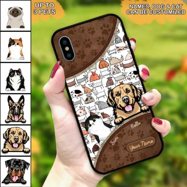 Katze und Hund bunte Doodles und Reißverschlüsse personalisierte Handytasche MK-ADS-3.jpg
