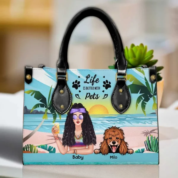 Personalisierte Life Is Better With Dogs Cats Hippie Girl Beach Lederhandtasche Personalized Life Is Better With Dogs Cats Hippie Girl Beach Leather Handbag 1.jpg