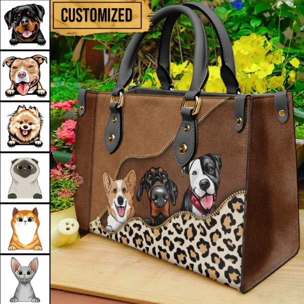 Leopard Zipper Haustier Porträt personalisierte benutzerdefinierte Lederhandtasche Leopard Zipper Pet Portrait Personalized Custom Leather Handbag Mockup ADS.jpg
